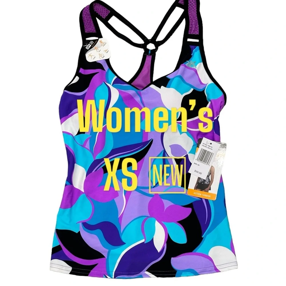 Women’s Zeroxposur XS Tankini Padded UPF Swim Swimwear Tank Top Purple Teal NWT